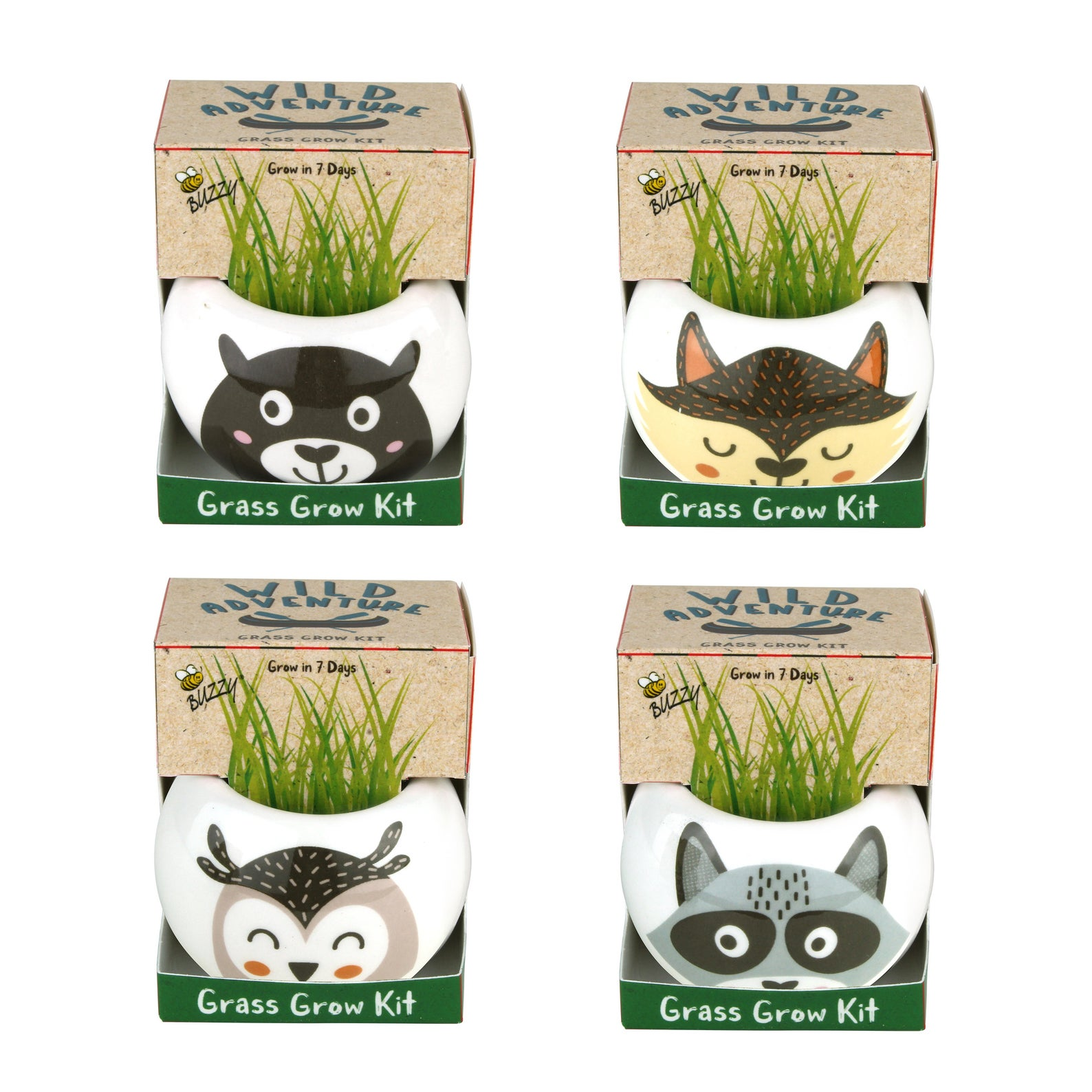 Lot of 4 Buzzy Wild Adventure Animal Grass Grow Kit With Seeds New 